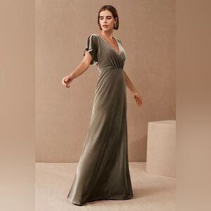 JENNY YOO x BHLDN Ellis Flutter-Sleeve Open-Back Stretch Velvet Gown in Olive